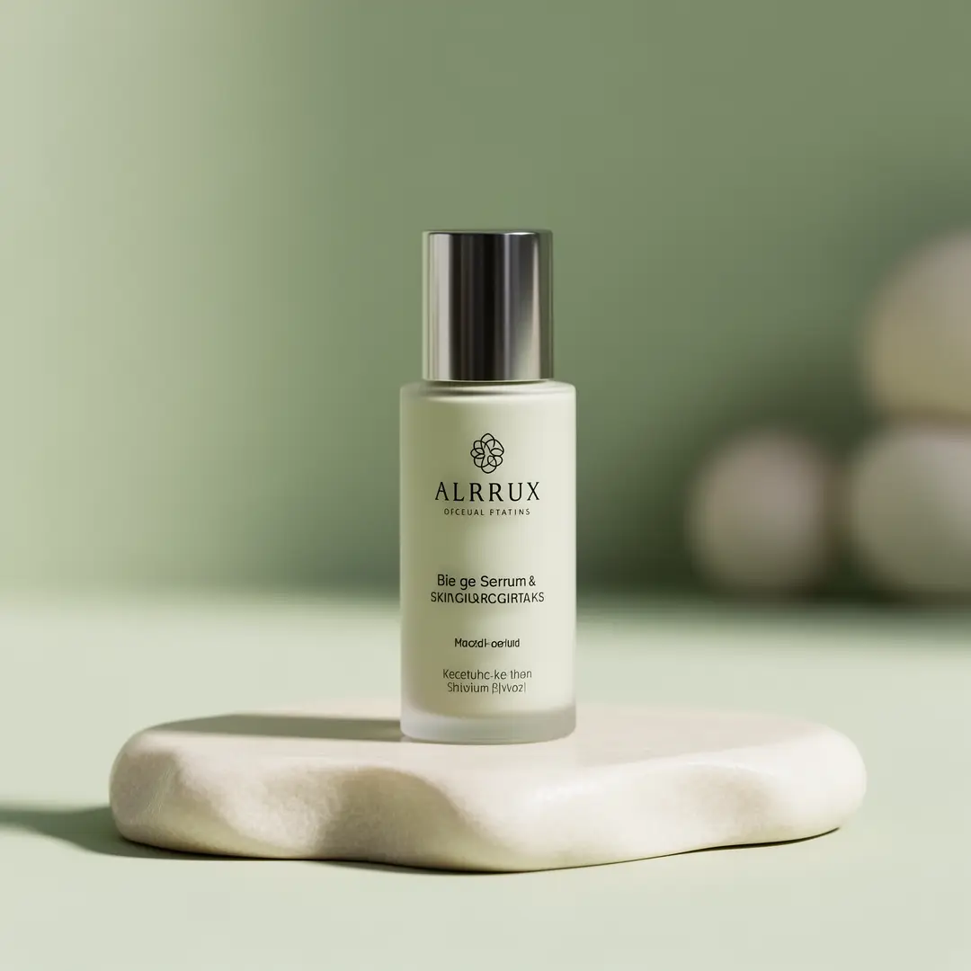 A minimalist skincare product hero image with polished materials and a calm, premium neutral palette.