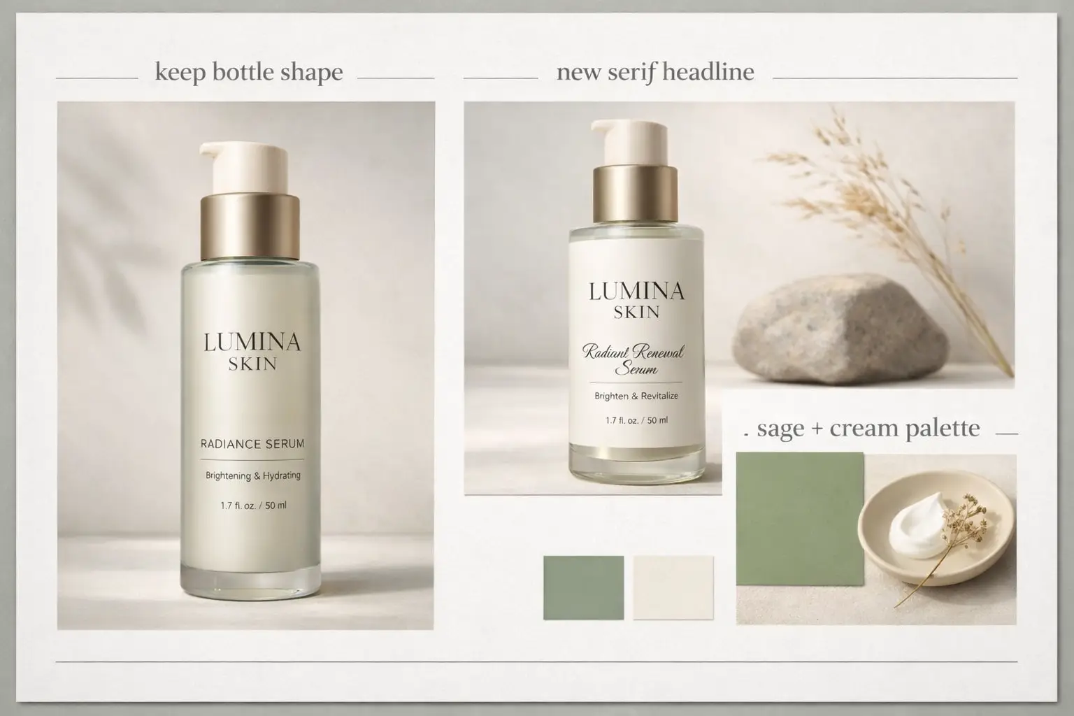 A polished premium skincare packaging refresh concept board featuring a modern label system and a streamlined, cleaner product presentation.