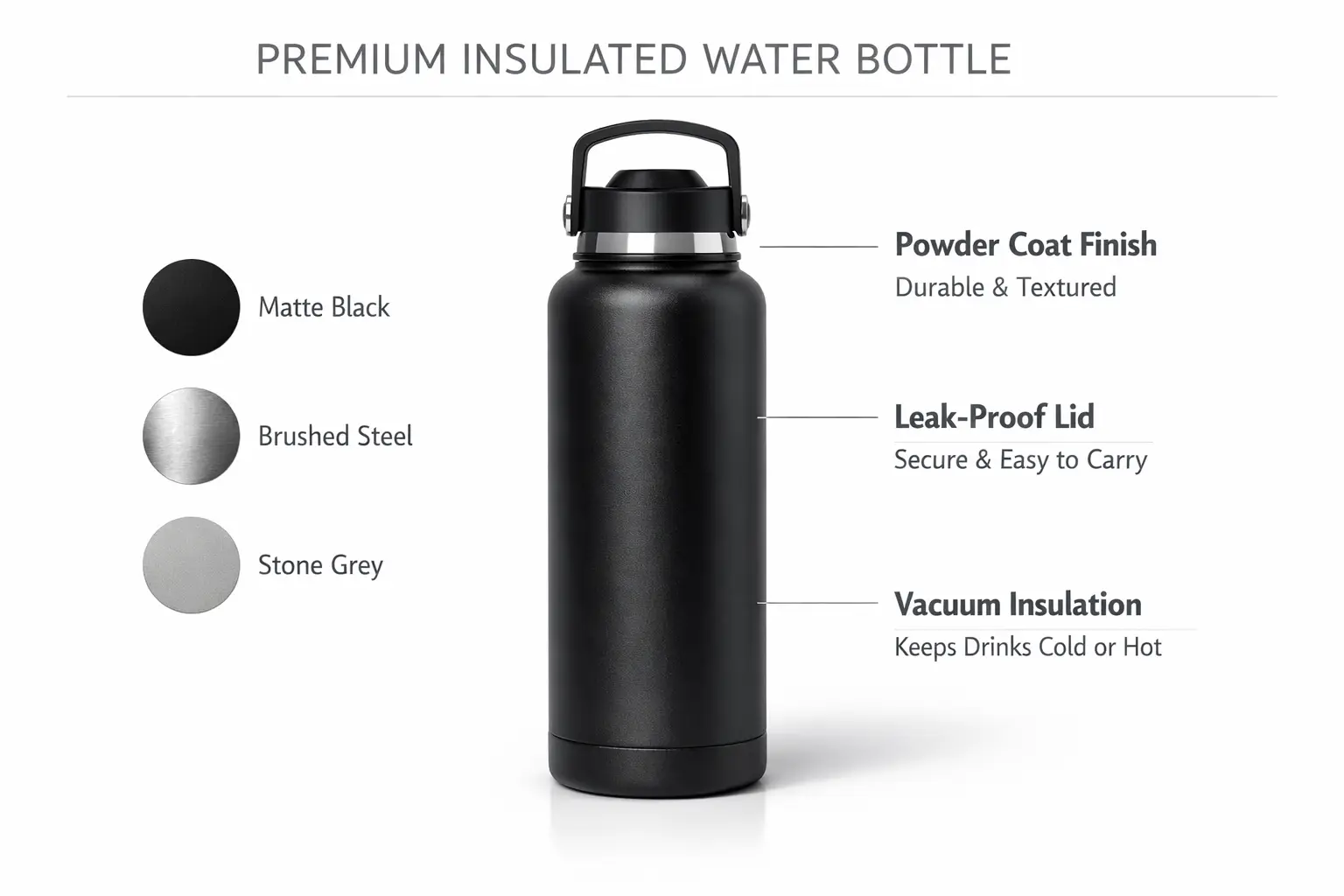 A polished premium product concept board featuring a central hero water bottle image, side-by-side material swatches, and short, clearly labeled annotations.