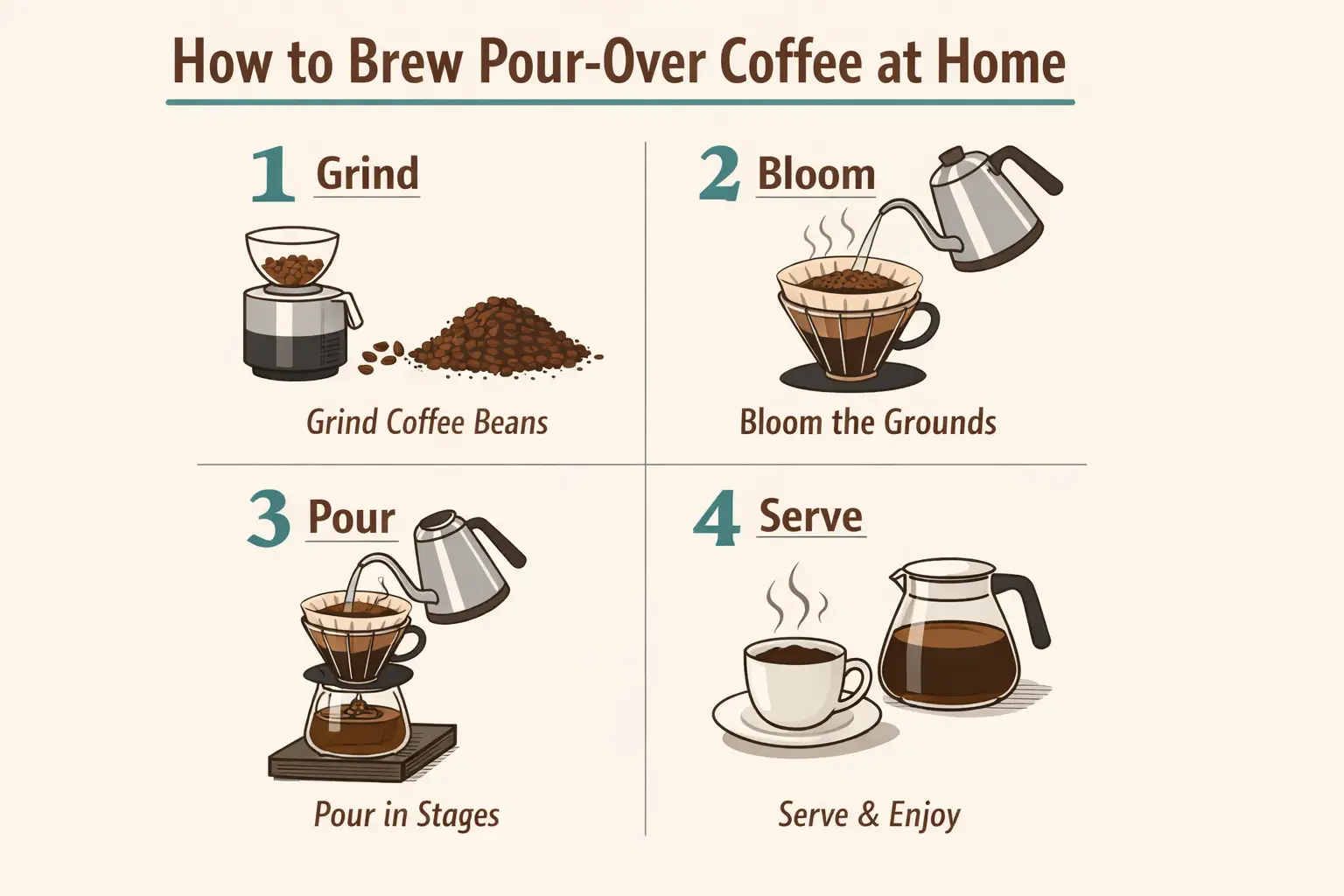 A polished step-by-step coffee brewing explainer diagram featuring numbered panels and short, clear descriptive labels.