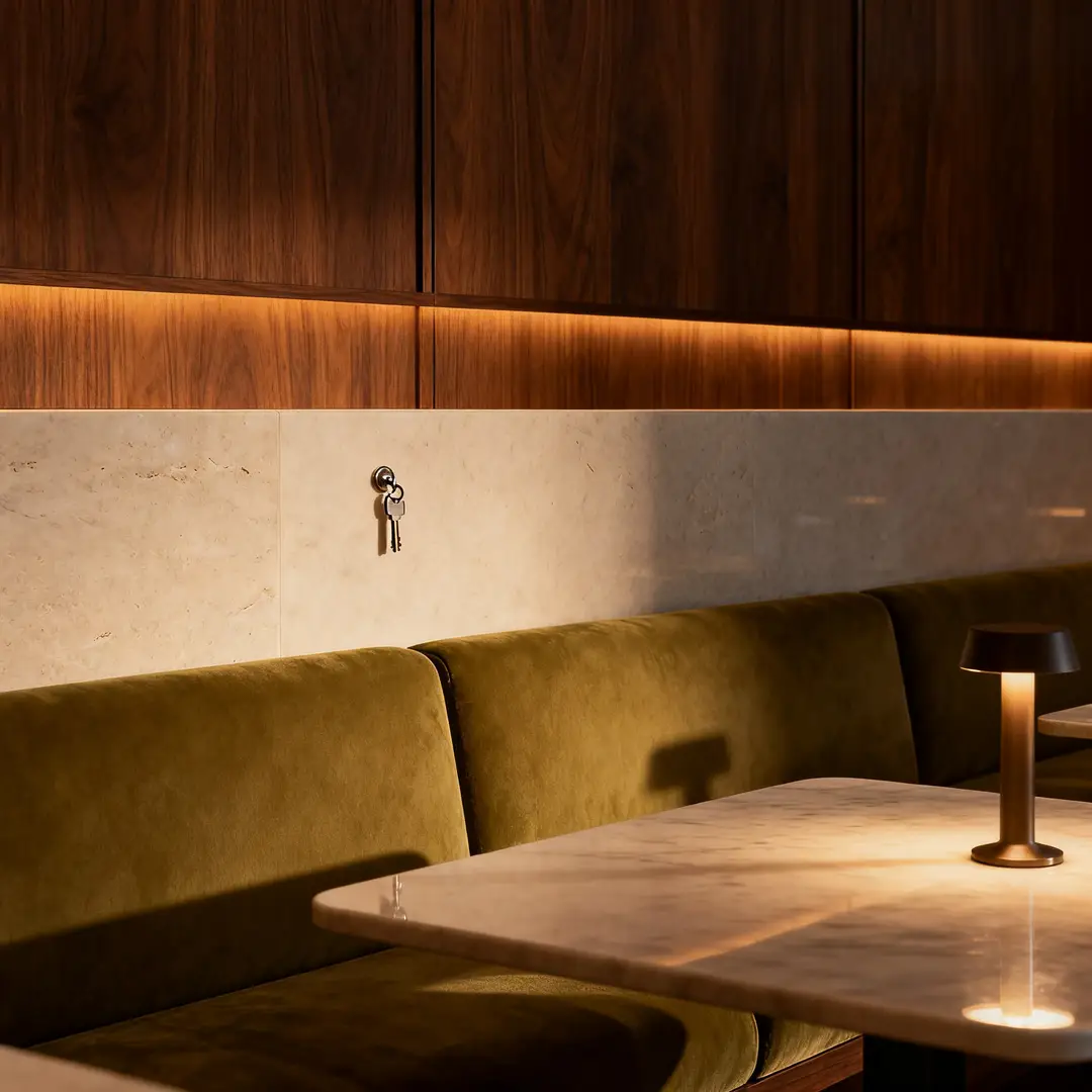 Luxury hotel lounge key visual with warm, clean materials, soft controlled lighting, and a polished hospitality mood.