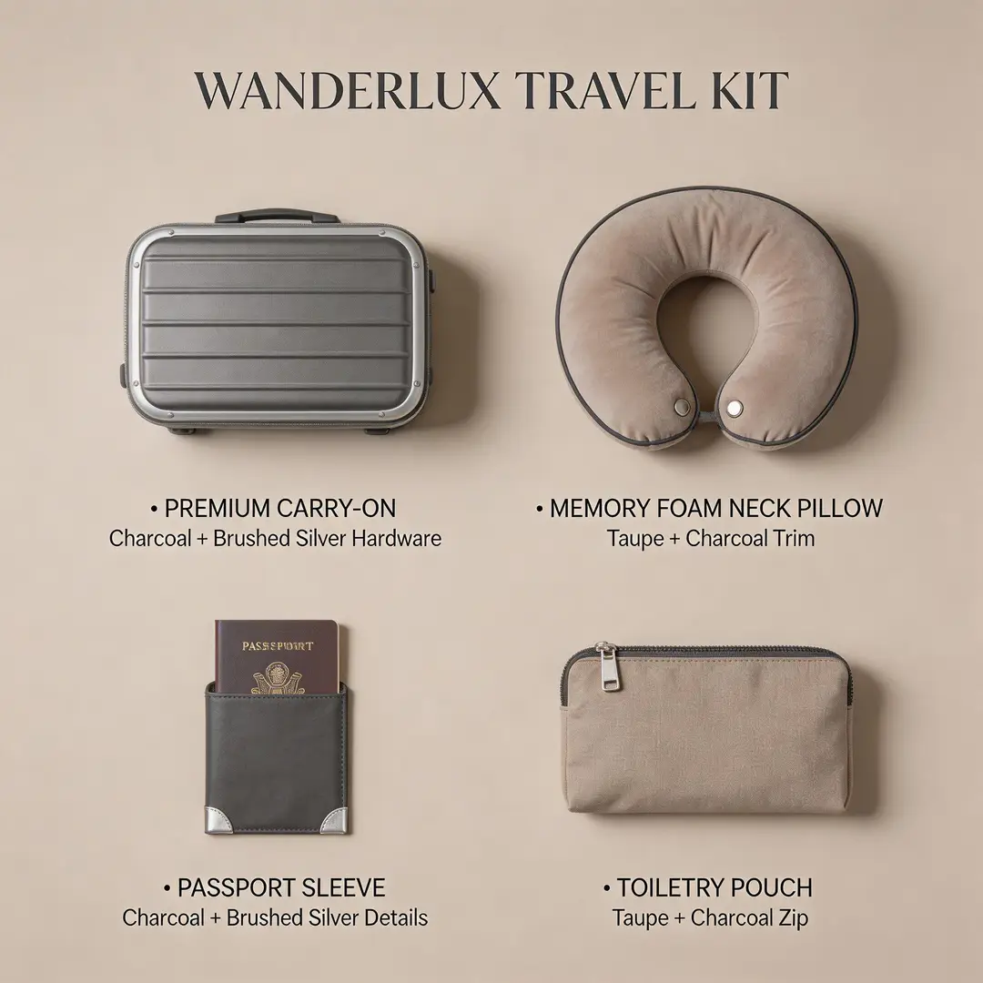 A luxury travel kit concept board with coordinated products, refined materials, and a clean review-focused layout.