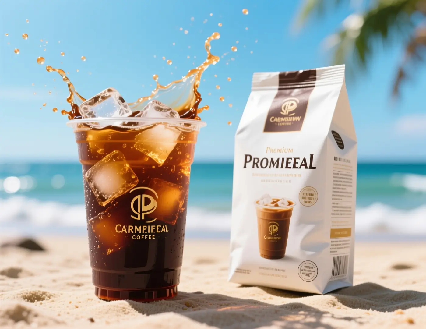 A commercial iced coffee ad visual showcasing a cold brew cup with ice splashes, set against a bright sunny beach background.