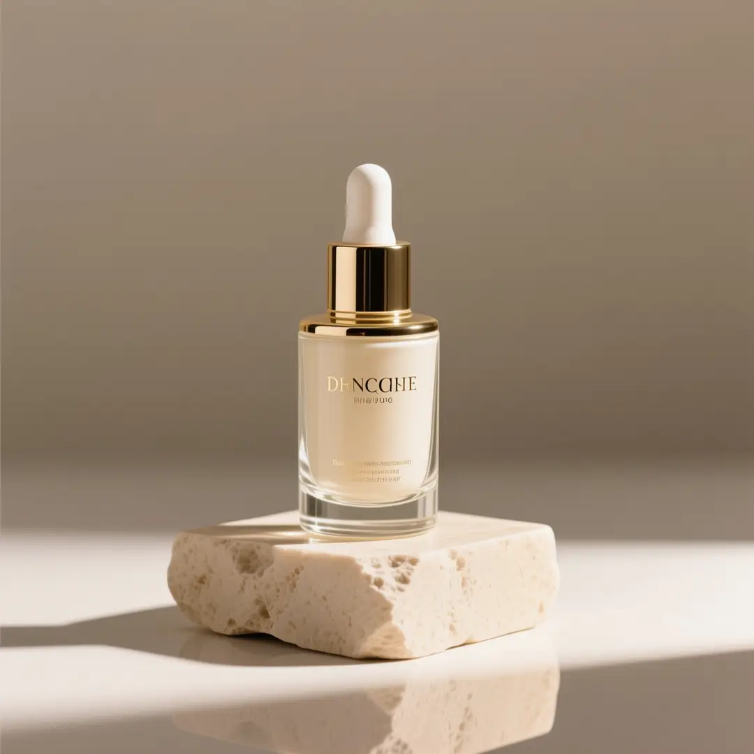 A premium glass skincare bottle placed on a light beige stone pedestal, illuminated with soft directional studio lighting.