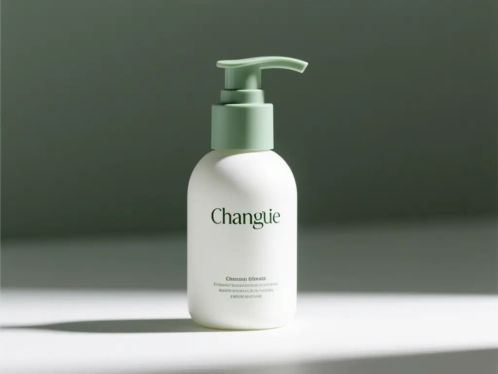 A matte white skincare pump bottle with sage green accents, created using a reference-driven packaging refresh prompt workflow.